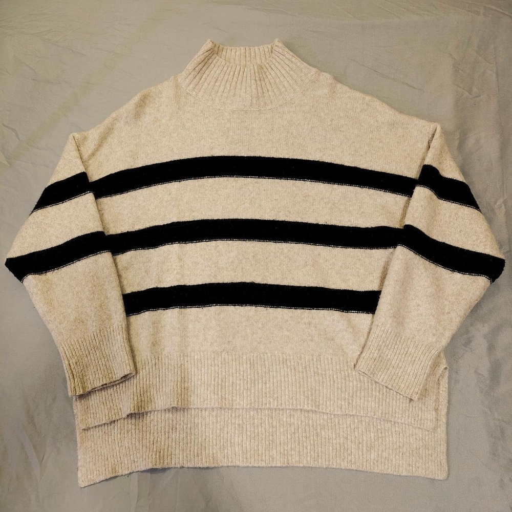 Line & Dot Striped Mock Neck Sweater Heather Cream Black LT4027B Womens Large